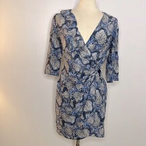 Parker grey & blue animal print silk wrap dress, size small